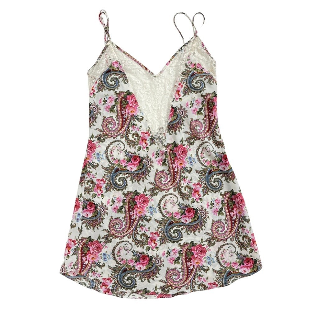 Vintage Gold Label Victoria’s Secret Paisley Floral Pink Lace Slip Dress Size L